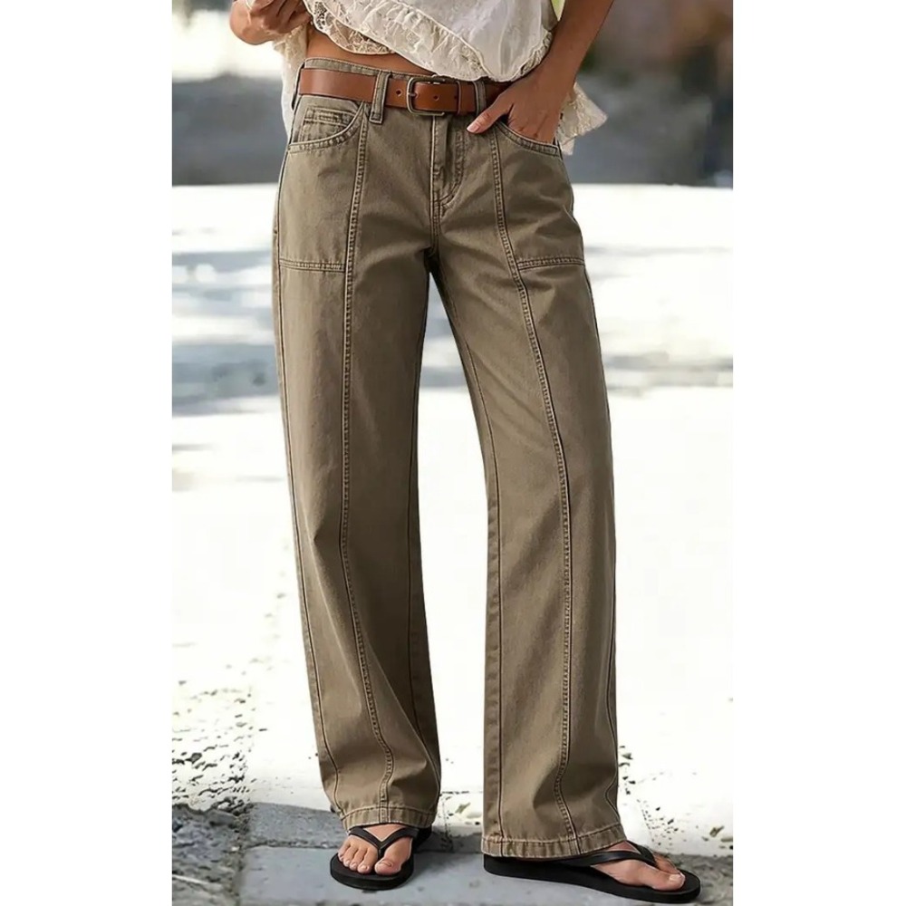 Flamingals Brown Solid Stitch Detail Mid Waist Straight Leg Pant M 273463 HYL
